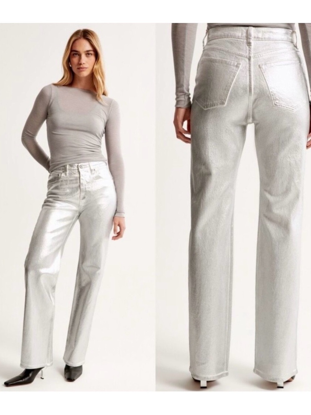 Abercrombie & Fitch NWT High Rise 90’s Relaxed Metallic Jean Silver Size 27/4L